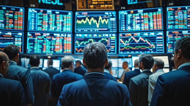 Análisis del mercado de valores Comerciantes que ven datos financieros en pantallas digitales Concepto de negociación de inversiones