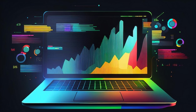 Foto análisis de negocios en línea y análisis a través del software de la computadora portátil aplicación de tablero con datos de análisis corporativo inversiones gráficas comercio y gestión financiera e ia generativa