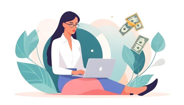 Análisis de negocios Mujer Ilustración vectorial portátil Dinero y pensamiento profundo