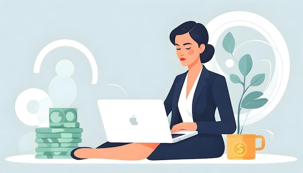 Análisis de negocios Mujer Ilustración vectorial portátil Dinero y pensamiento profundo