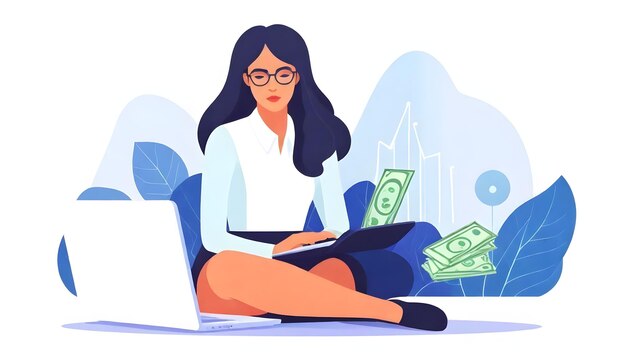 Análisis de negocios Mujer Ilustración vectorial portátil Dinero y pensamiento profundo