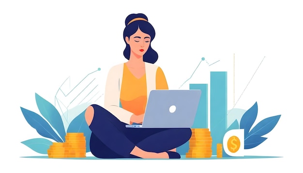 Análisis de negocios Mujer Ilustración vectorial portátil Dinero y pensamiento profundo