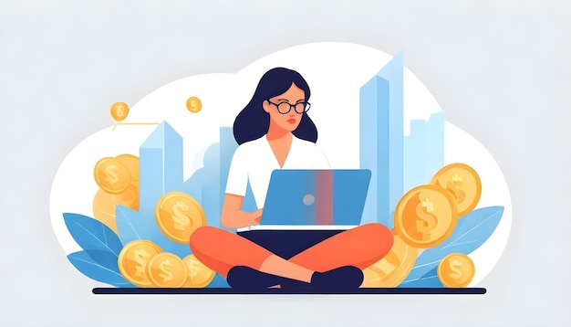 Análisis de negocios Mujer Ilustración vectorial portátil Dinero y pensamiento profundo