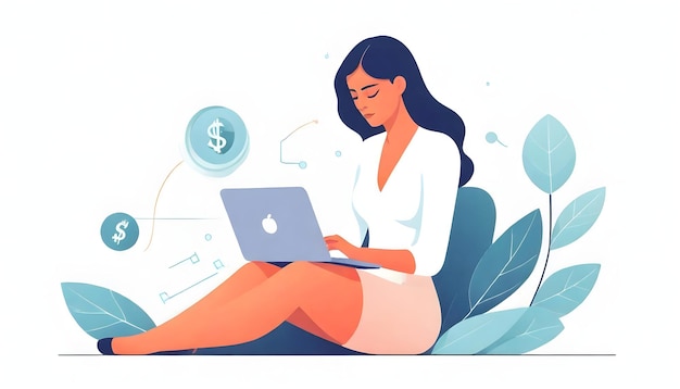 Análisis de negocios Mujer Ilustración vectorial portátil Dinero y pensamiento profundo