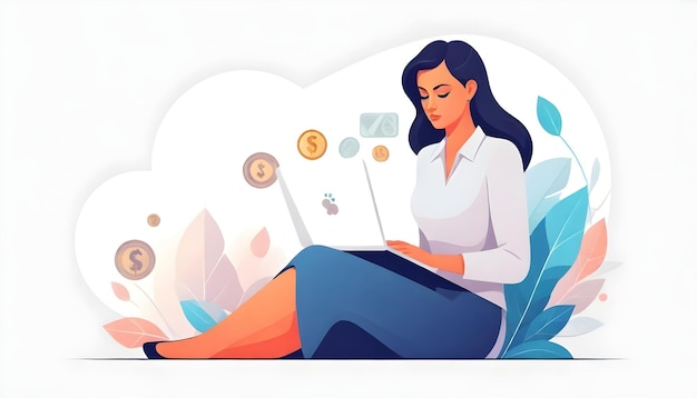 Análisis de negocios Mujer Ilustración vectorial portátil Dinero y pensamiento profundo