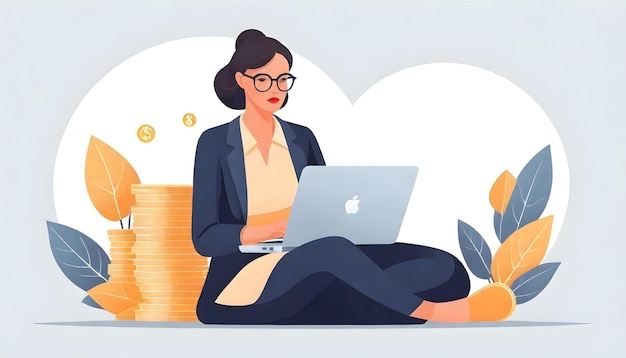 Análisis de negocios Mujer Ilustración vectorial portátil Dinero y pensamiento profundo