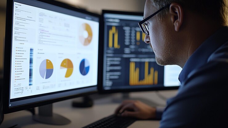 Foto análisis profesional de datos en monitores duales en un entorno de oficina moderno durante la noche