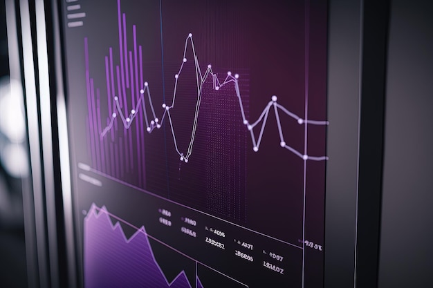 Análisis púrpura Visualización de datos de análisis digital, cronograma financiero, monitor en perspectiva