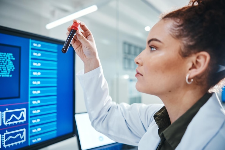 Foto análisis de sangre por computadora y ciencia con mujer en laboratorio para desarrollo innovación o investigación productos farmacéuticos de adn y tubo de ensayo con científico trabajando en patología médica o descubrimiento