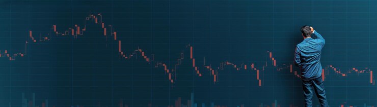 Análisis de las tendencias del mercado en la caída de precios Concepto de negocio con la caída de los precios Empresario profundamente pensativo mirando el gráfico financiero Copiar el espacio disponible para el texto
