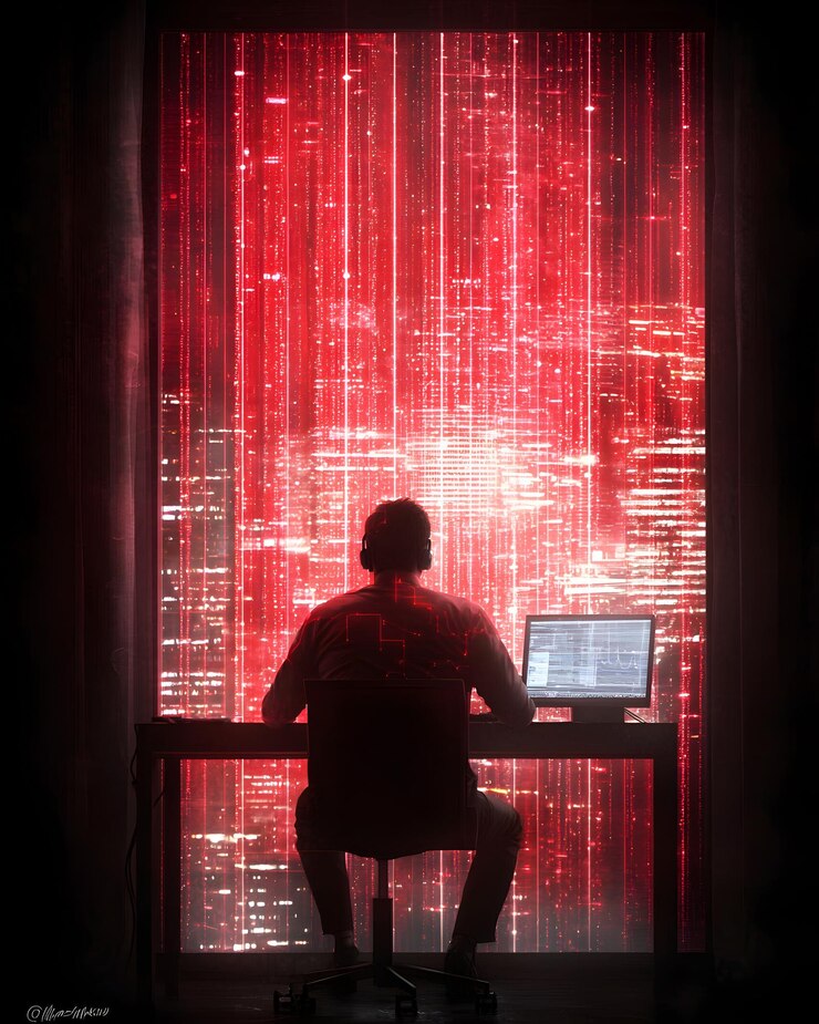 Foto analista de ciberseguridad inmerso en flujos de datos digitales