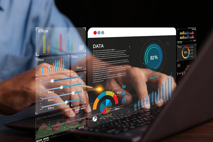 Foto analista de datos que trabaja en el tablero de análisis de negocios con gráficos con kpi y métricas conectadas a la base de datos para marketing de ventas de operaciones financieras de tecnología