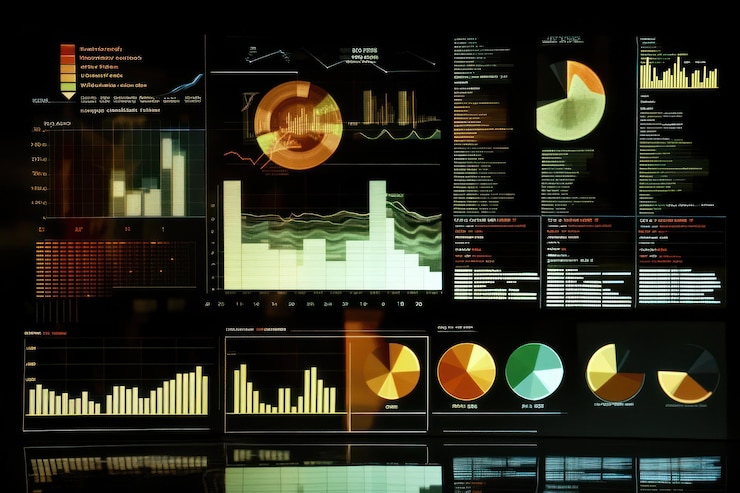 Foto analista de datos revisando gráficos financieros en una gran pantalla en la oficina nocturna