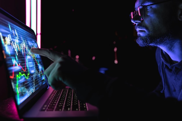 Analista de comerciante de homem de negócios sério olhando para um monitor de computador, corretor de investidores, analisando índices, gráfico financeiro, negociando dados de investimento on-line no gráfico do mercado de ações criptomoeda na tela do pc.