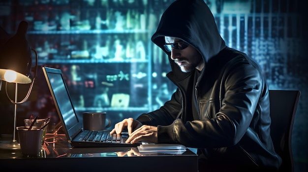 Analista de segurança tentando combater o crime cibernético Hacker cibernético com computador