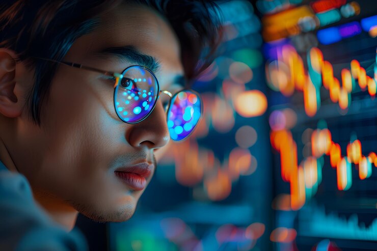 Analista enfocado analizando las tendencias del mercado de valores con coloridas visualizaciones de datos