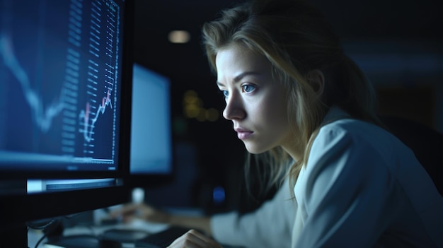 Analista financiera mujer caucásica adulta joven analizando cuadros y gráficos en una computadora en un escritorio en la oficina interior generativa AI AIG22