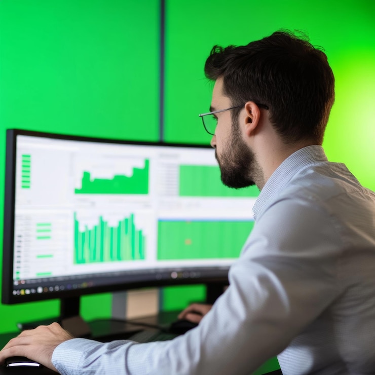 Foto analista financiero revisando gráficos y gráficos en la computadora