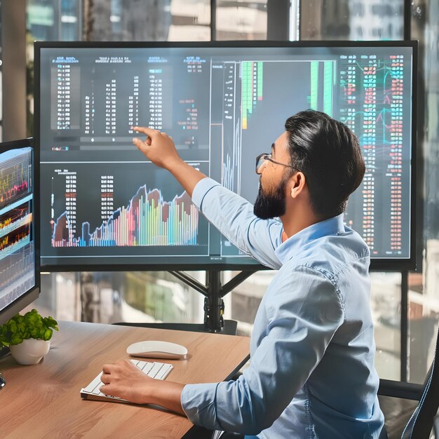 Un analista financiero trabajando en una computadora con múltiples pantallas que muestran gráficos de datos y gráficos de acciones