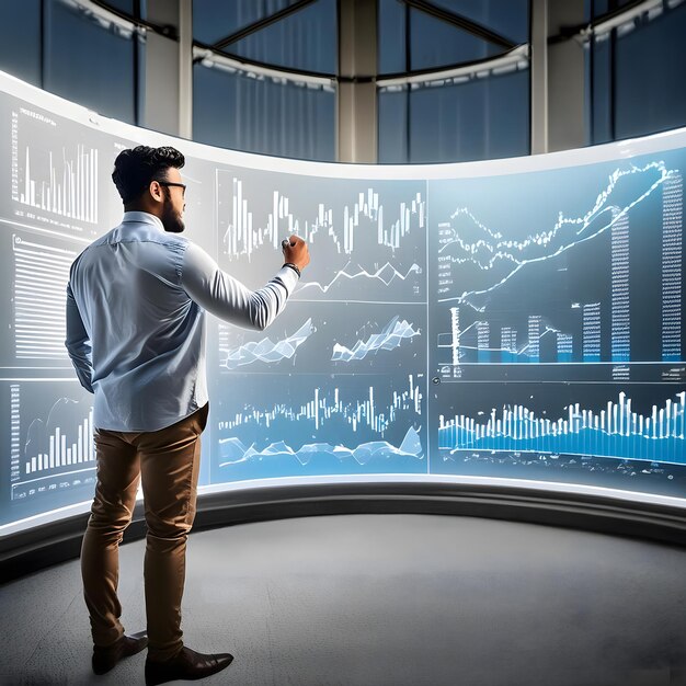 Un analista financiero trabajando en una computadora con múltiples pantallas que muestran gráficos de datos y gráficos de acciones