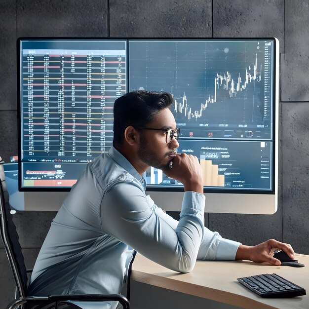 Un analista financiero trabajando en una computadora con múltiples pantallas que muestran gráficos de datos y gráficos de acciones