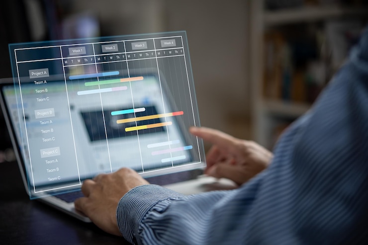 Foto analista de gerente de proyecto que trabaja con computadora en el sistema de gestión para progresar en la planificación y hacer un informe con diagrama de programación de gráficos de kpi estrategia corporativa para finanzas, ventas y marketing