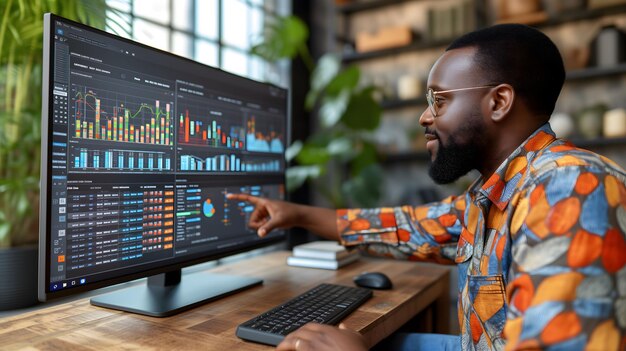 Foto analista de negocios afroamericano revisando los datos de los monitores de computadora