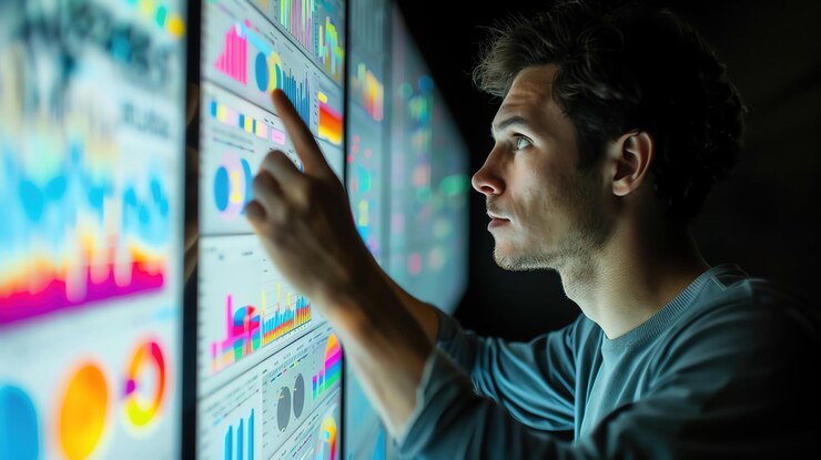 Foto analista de negocios discutiendo información de datos fondo pastel alineado a la derecha alta resolución más claridad con luz clara y enfoque agudo alto detalle
