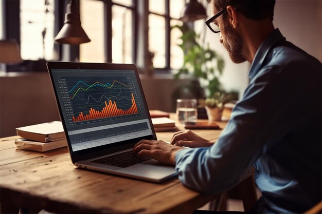 Un analista trabajando en su computadora portátil con gráficos y figuras en su escritorio