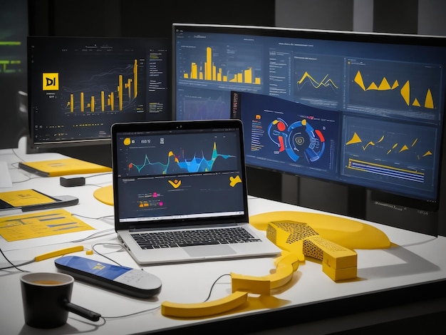 Analista trabalhando em análise de dados ou painel de BI em monitor de computador Equipe de negócios analisando finanças