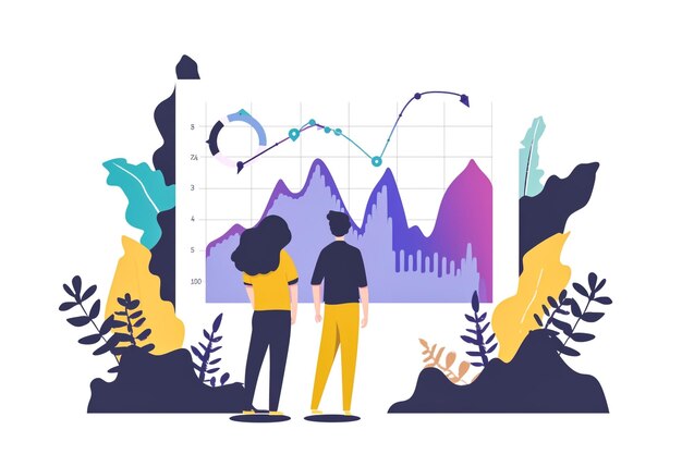 Foto analítica de dados consept análise de negócios pessoas minúsculas estão estudando o infográfico trabalho em equipe estilo de desenho animado plano moderno ilustração vetorial em fundo branco