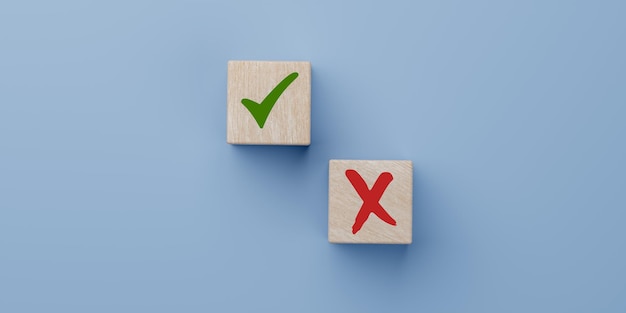 Analizar los pros y los contras Concepto de decisión positiva o negativa marca verde y cruz roja en el cubo de madera considerar todos los argumentos pros y contras Opciones Marca Sí o No Elegir Marca Decisión