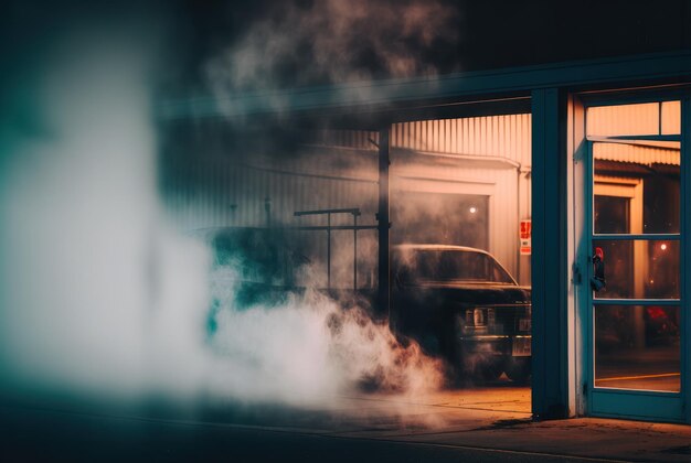 analoge Fotografie einer Garage mit Nebel und Rauch draußen, unheimliche Umgebung, erstellt mit IA