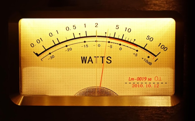 Analoges VU-Meter mit Dezibelmeter. Dezibel-Leistungspegel. Eine Volumeneinheit. Gerät, das eine Darstellung anzeigt