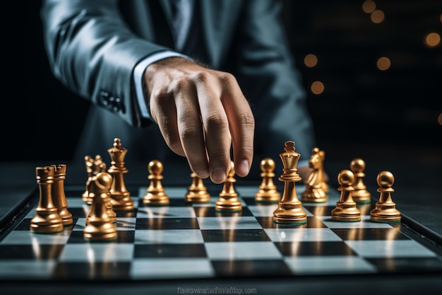 Analogía empresarial La mano se involucra en el tablero de ajedrez que simboliza la planificación calculada y las comparaciones estratégicas