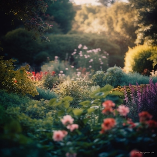 analogphoto de un jardín inglés de los años 80 fuerte bokeh