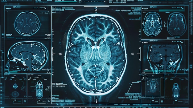 Analysiertes Gehirn mit medizinischer Technologieelement-MRI-Scan-Schnittstelle