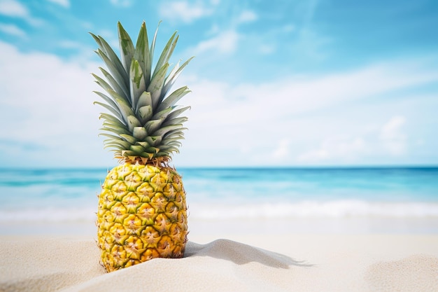 Ananas am Strand vor blauem Himmel und Meereshintergrund