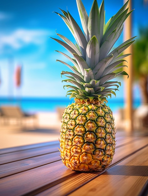 Ananas auf dem Holztisch mit Strandhintergrund