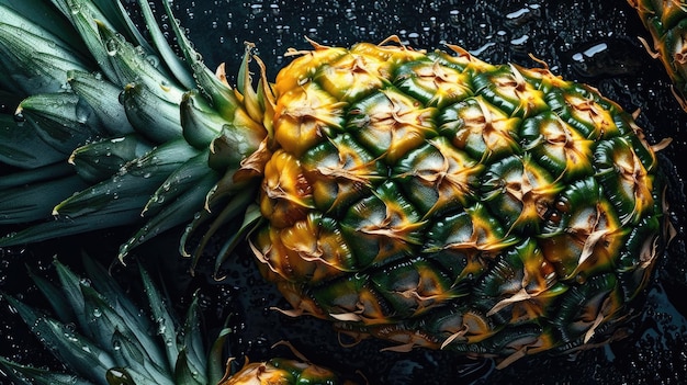 Ananas auf schwarzem Hintergrund mit dem Wort Ananas oben.