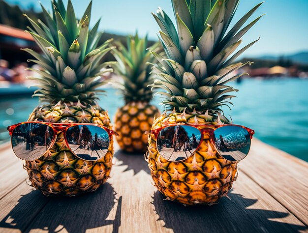 Foto ananás com óculos de sol conceito refrescante de fruta tropical