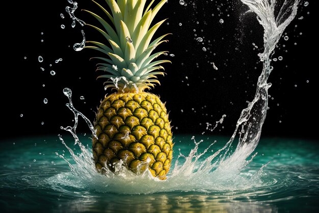 Ananas, die im Wasser mit schwarzem Hintergrund spritzt