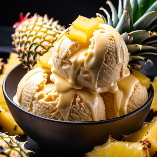 Ananas-Eis in einer wunderbaren Schüssel auf einem schwarzen Hintergrund isoliert