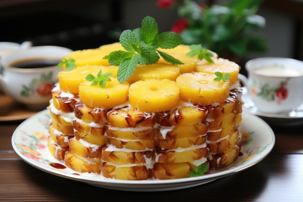 Ananas erfreut ein erfrischendes Dessert auf einem Holztisch