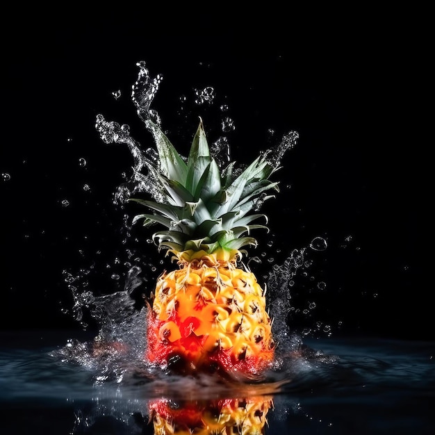 Ananas im Wasserspritzer auf isoliertem schwarzem Hintergrund