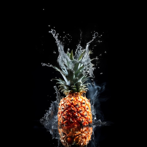 Ananas im Wasserspritzer auf isoliertem schwarzem Hintergrund