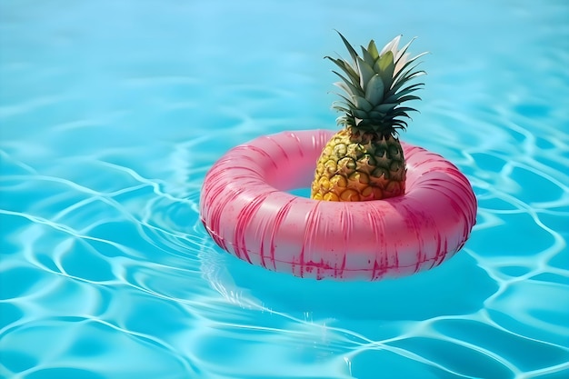 Ananas in einem rosa aufblasbaren Schwimmring im Pool Generative KI