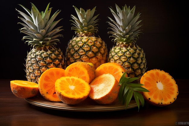 Ananas in einer dekorativen Fruchtplatte mit Orangenstücken