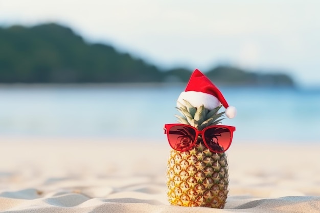 Ananas in rotem Weihnachtsmannshut am Strand