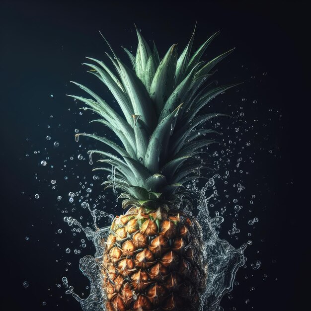 Ananas in Wasser spritzt auf schwarz